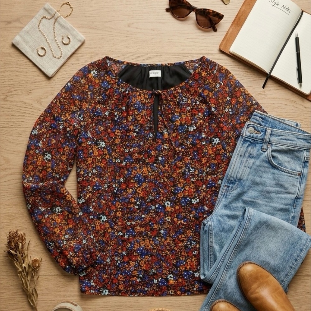 J. CREW Ditsy Floral Print Crinkle Peasant Top Cottagecore Blouse Size L